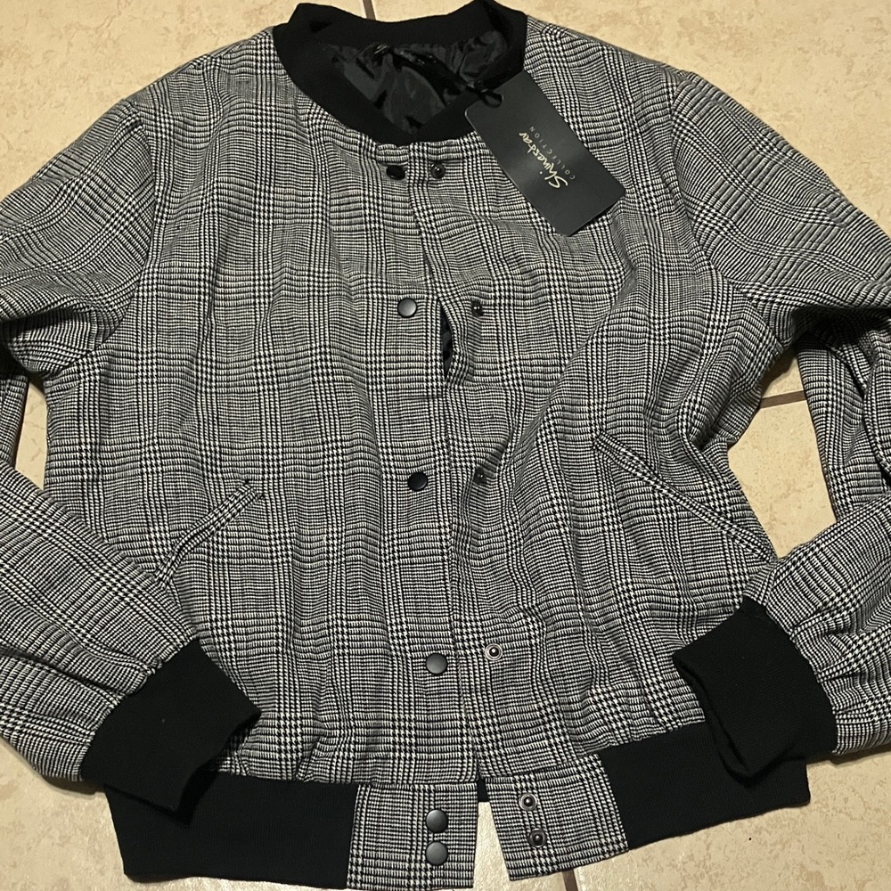 Saks Fifth Avenue Black and Gray Plaid Bomber Jacket
